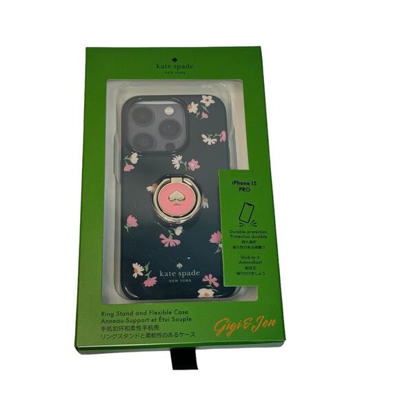 Kate Spade Floral Waltz Stability Ring and Case iPhone 15 Pro flower Black - Picture 1 of 8